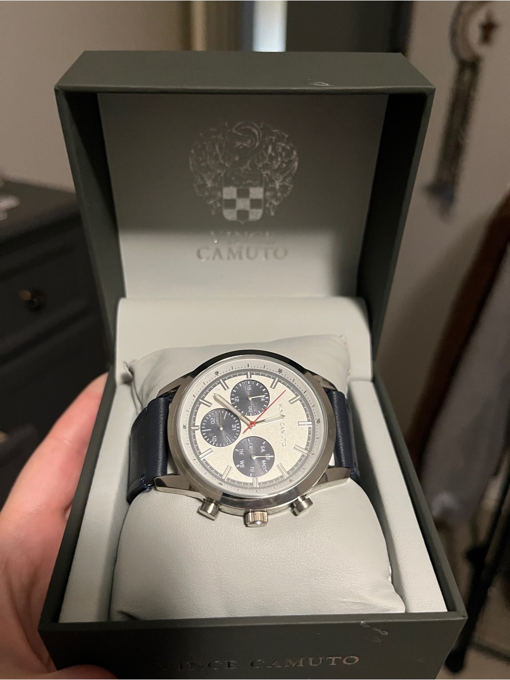 Vince Camuto Navy Leather Strap Silver Chronograph with Cream Dial